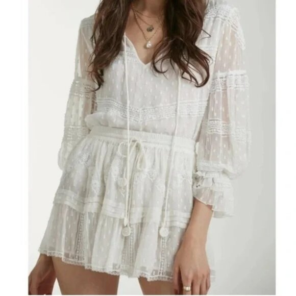 Rococo Sand Dresses & Skirts - Rococo Sand White Selene Beaded Lace Drawstring Mini Skirt